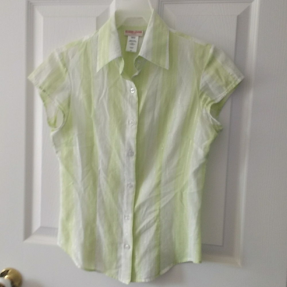 Green and White Striped Button-Up Blouse